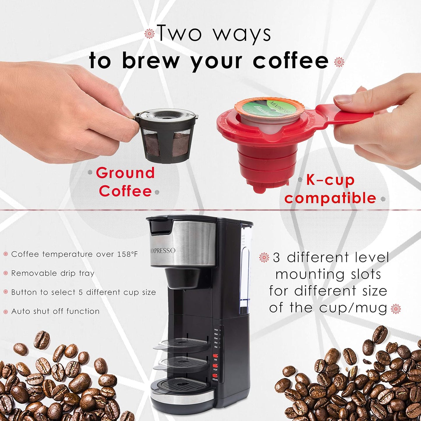 Black Single Serve Coffee Brewer K-Cup Pods Compatible & Ground, 30 Oz Compact Coffee Maker Single Serve with 5 Brew Sizes up to 14 Oz, Fits Travel Mug, Adjustable Drip Tray