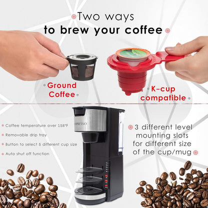 Black Single Serve Coffee Brewer K-Cup Pods Compatible & Ground, 30 Oz Compact Coffee Maker Single Serve with 5 Brew Sizes up to 14 Oz, Fits Travel Mug, Adjustable Drip Tray
