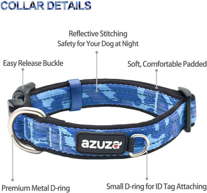 Reflective Dog Collar and Leash Set with Airtag Holder, Blue Camo Padded Collar with Matching Clip Handle Leash for Medium Dogs