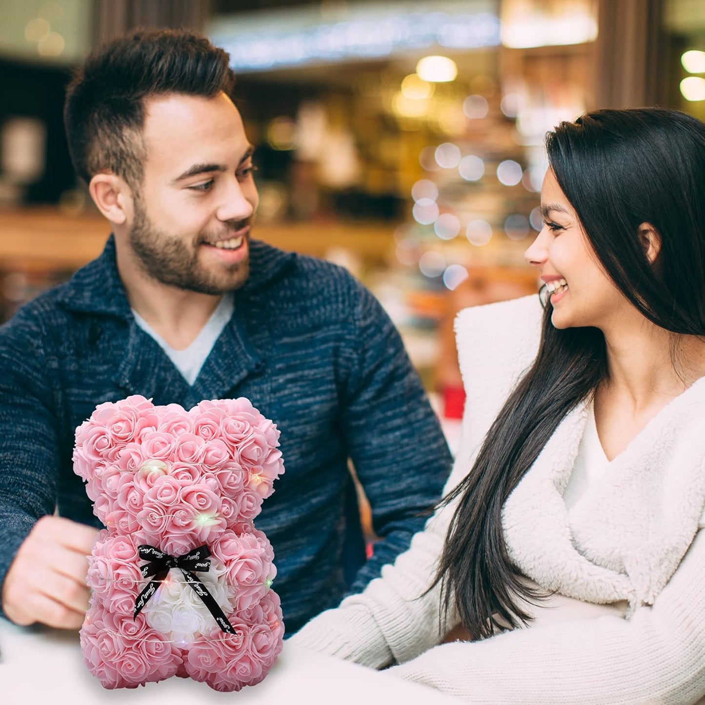 POWKLX Valentines Day Gifts for Her - Rose Teddy Bear - Rose Flowers Bear, Unique Gifts, Gifts for Girls,Gifts for Mom,Birthday Gifts,Flower Delivery - Clear Gift Box Included (Light Pink)