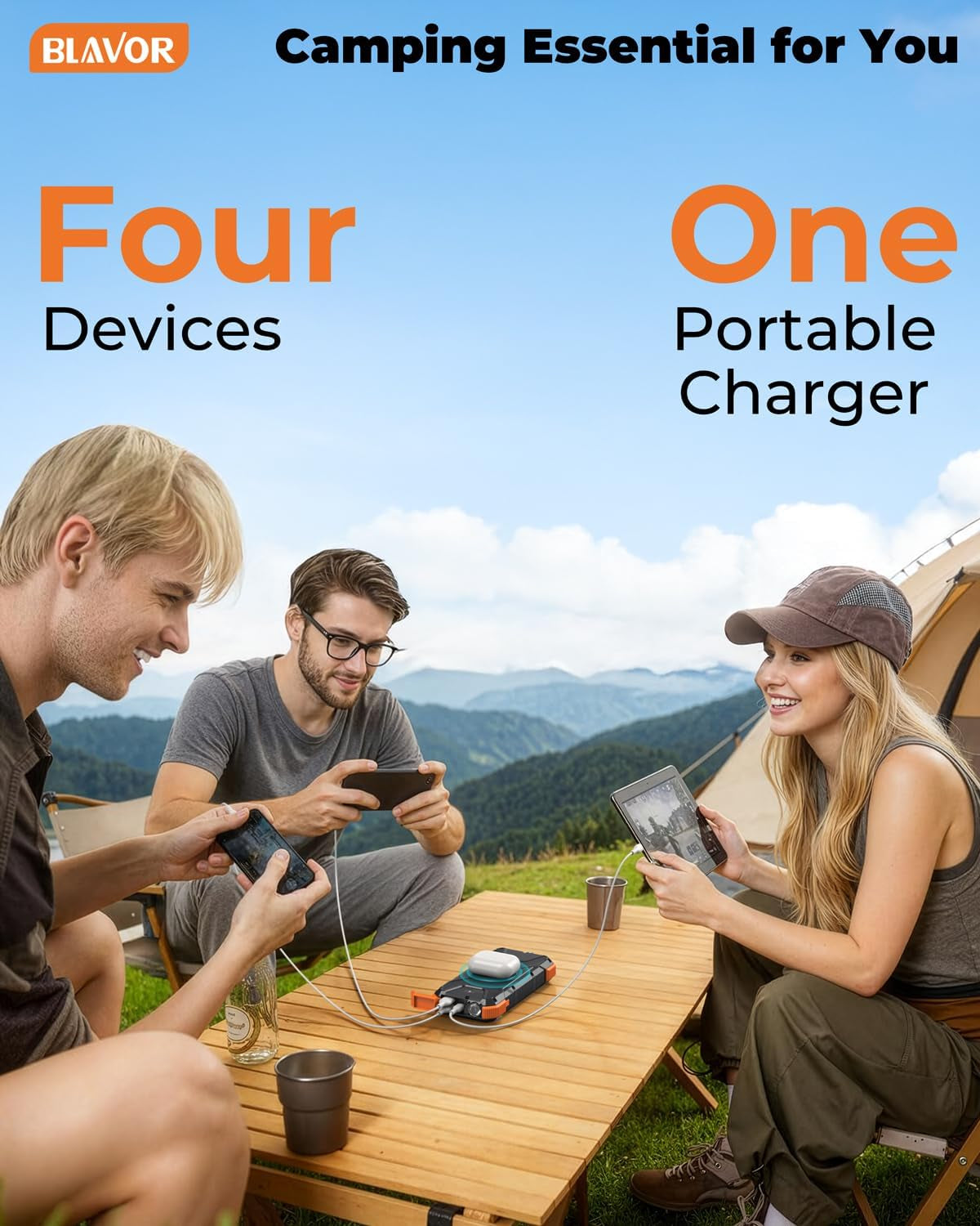 Solar Power Bank, PD18W QC3.0 Fast Charging 10W Wireless Charger 20000Mah Solar Powered Powerbank with Type C Input/Output, IPX5 Waterproof, Camping Flashlight, Compass, Carabiner