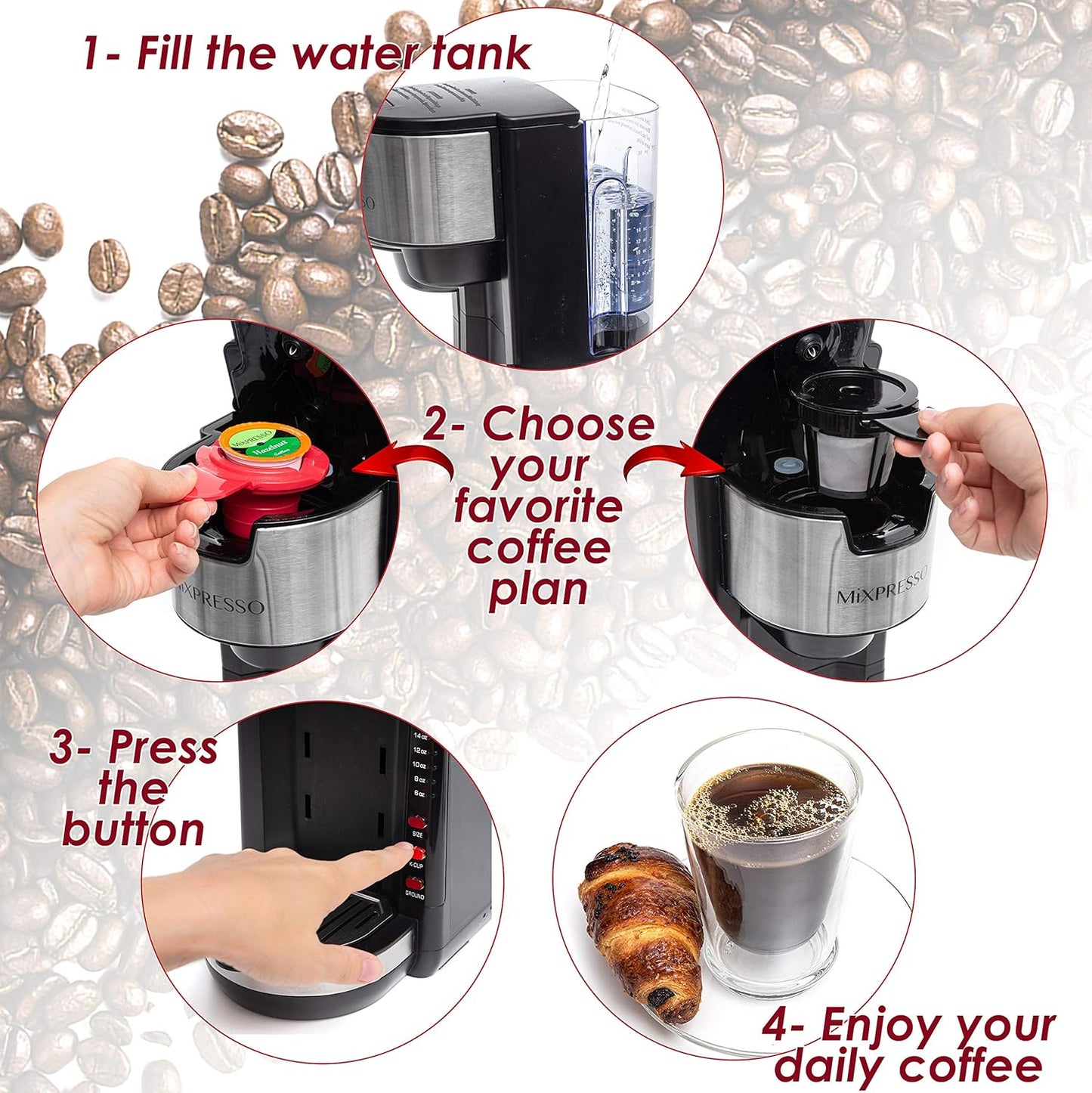 Black Single Serve Coffee Brewer K-Cup Pods Compatible & Ground, 30 Oz Compact Coffee Maker Single Serve with 5 Brew Sizes up to 14 Oz, Fits Travel Mug, Adjustable Drip Tray