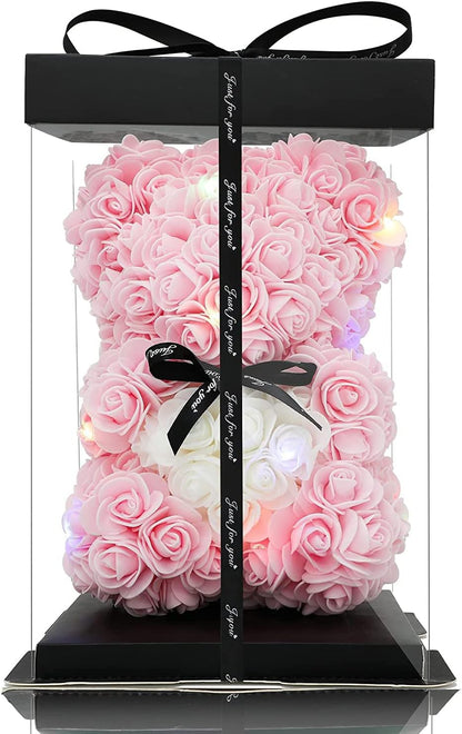 POWKLX Valentines Day Gifts for Her - Rose Teddy Bear - Rose Flowers Bear, Unique Gifts, Gifts for Girls,Gifts for Mom,Birthday Gifts,Flower Delivery - Clear Gift Box Included (Light Pink)