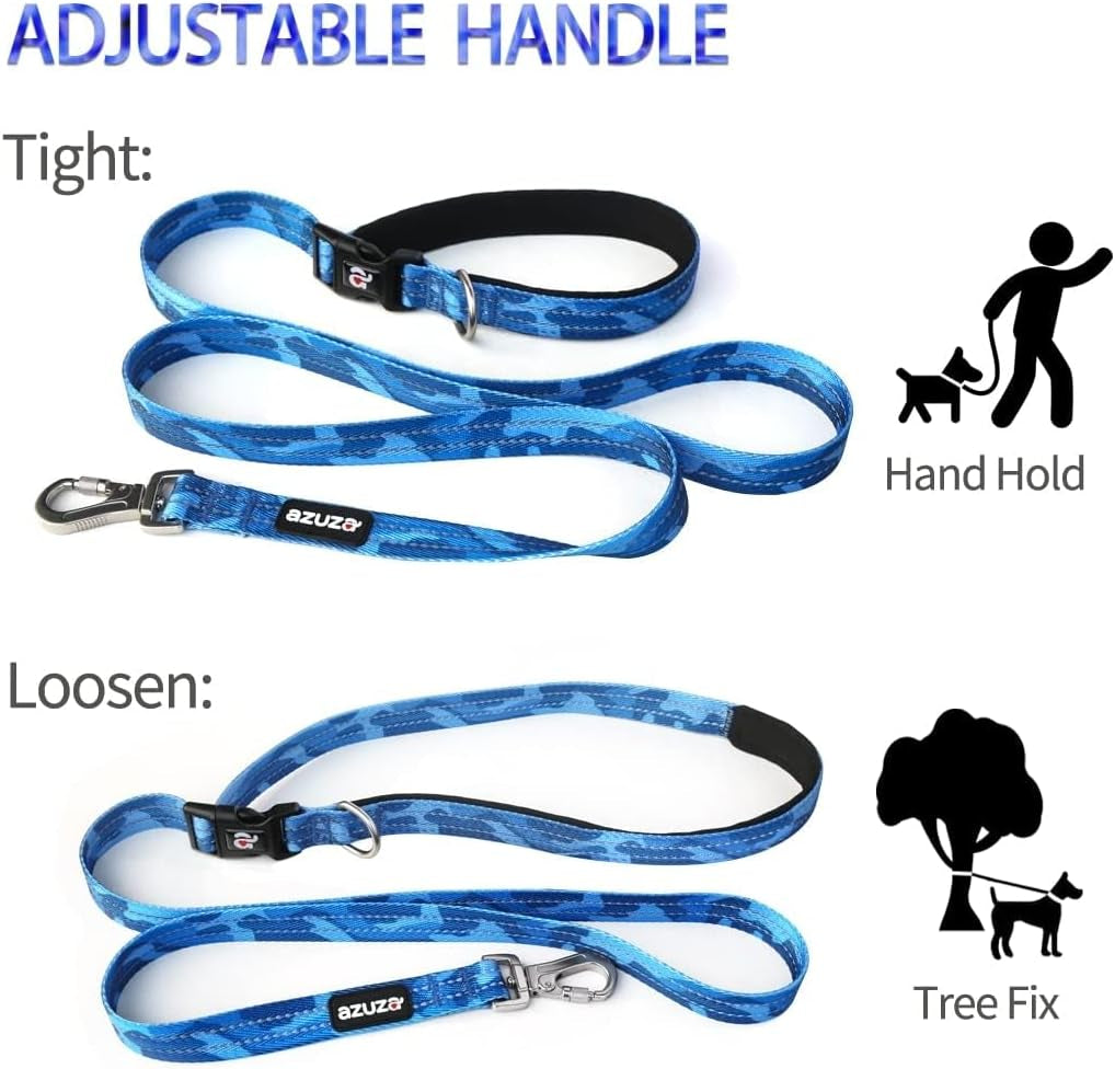 Reflective Dog Collar and Leash Set with Airtag Holder, Blue Camo Padded Collar with Matching Clip Handle Leash for Medium Dogs